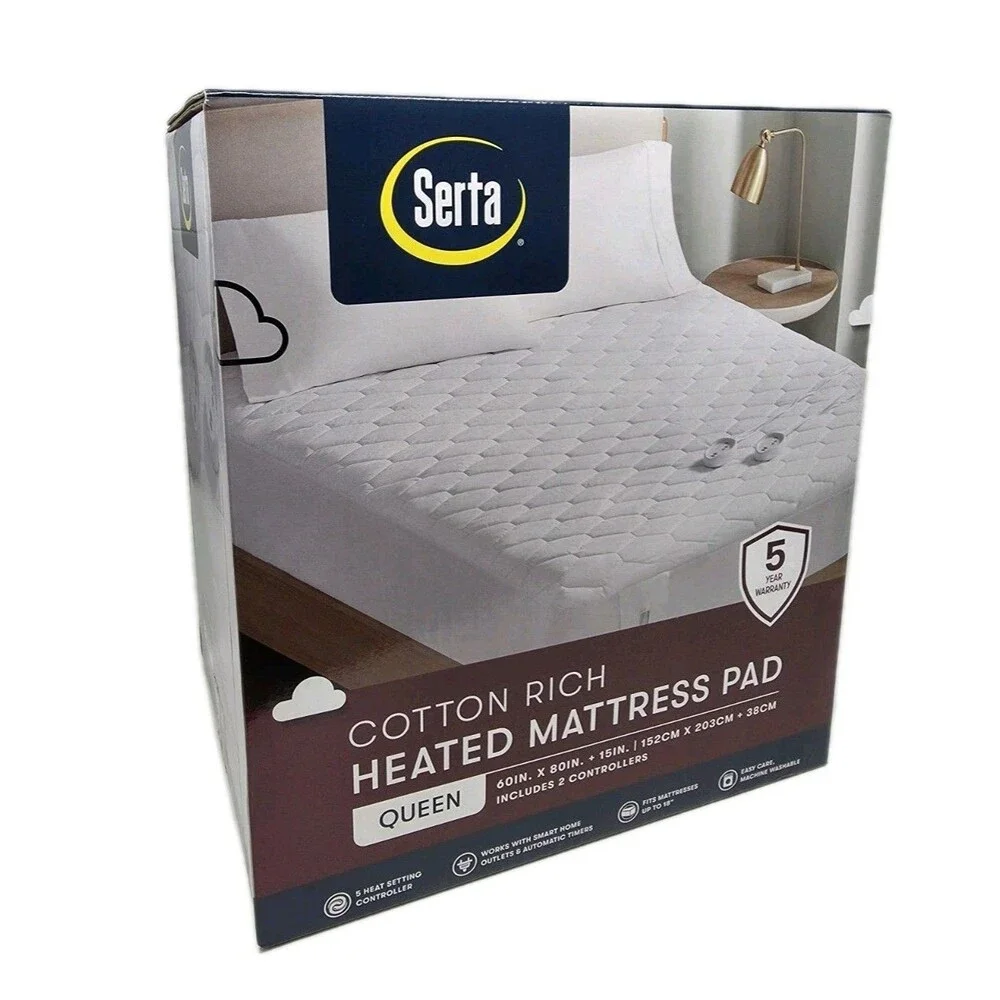 Serta Cotton Rich Queen Heated Mattress Pad Deep Fit, 5 Settings + 2 Controllers